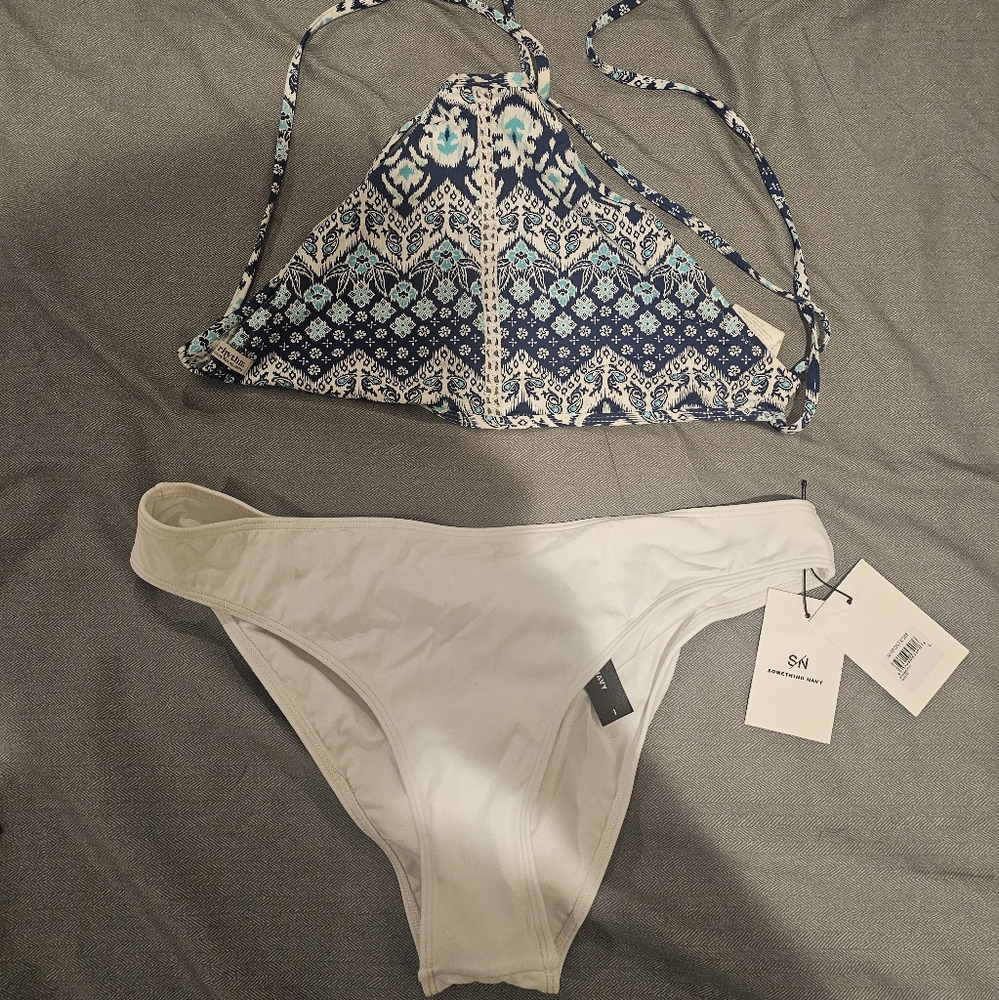 NWT Something Navy Swimsuit. Top: Size M & Color Blue. Bottom: Size: L & Color W